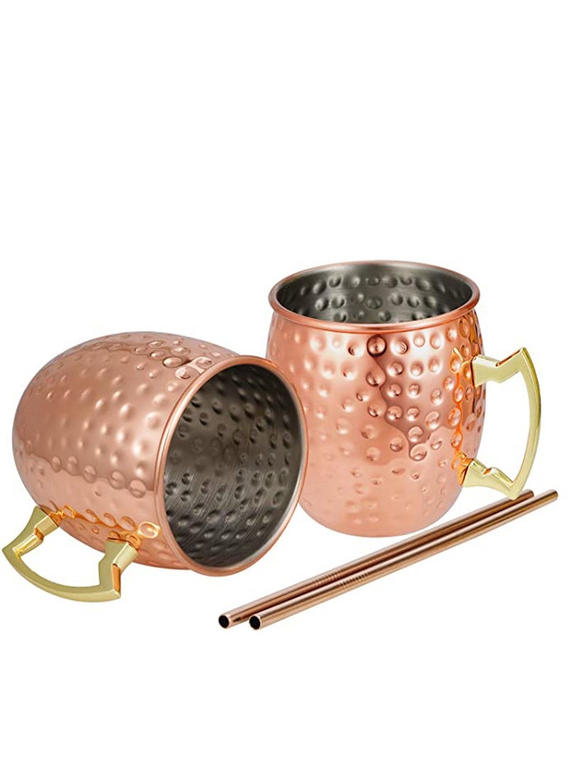 Gift Set Solid Pure Copper Hammered Mugs Handcrafted Copper Cups - Set of 2 Copper Mugs, 2 Copper Straws in a Gift Box