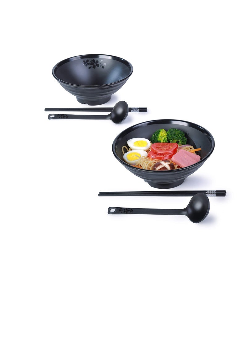 Melamine Ramen Bowl Set, 41oz Japanese Style Soup Bowls with Chopsticks and Spoons, for Noodles,Soba, Udon, 2 Sets (8.8 inch,Black)