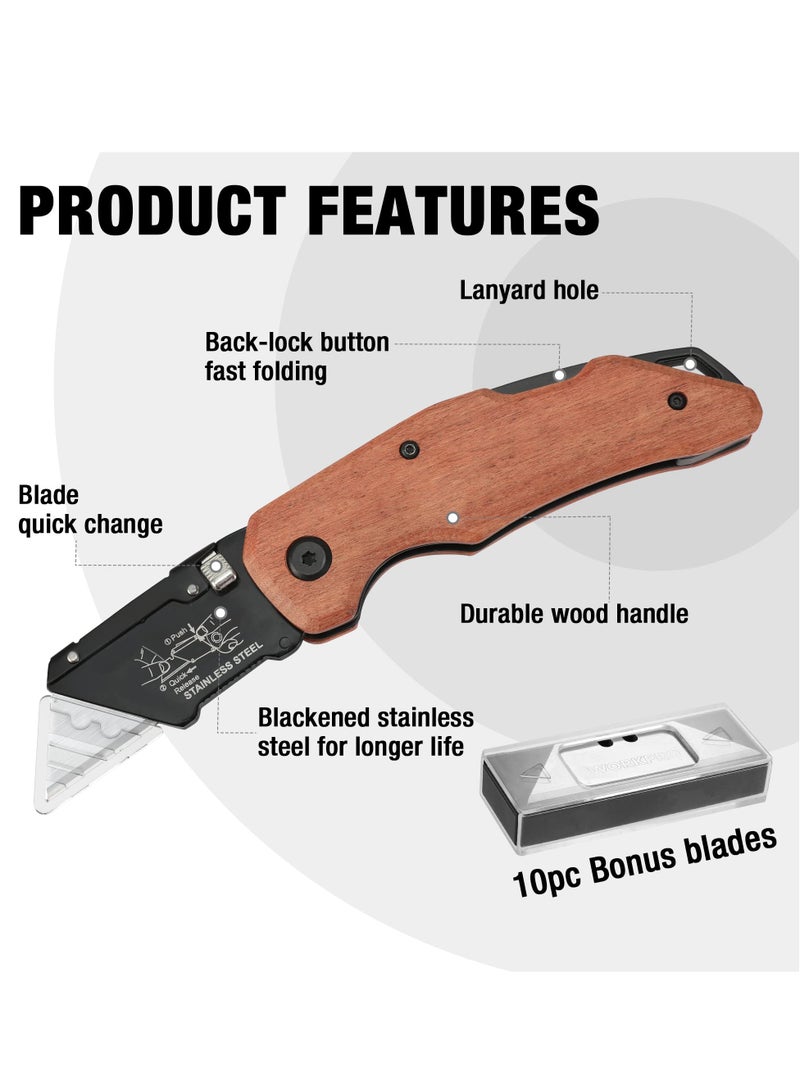 Folding Utility Knife with Stainless Steel Head Quick-change Blade & Back Lock Wood Handle Heavy Duty Box Cutter 1PC Razor Knife with Extra 10PC SK5 Blades