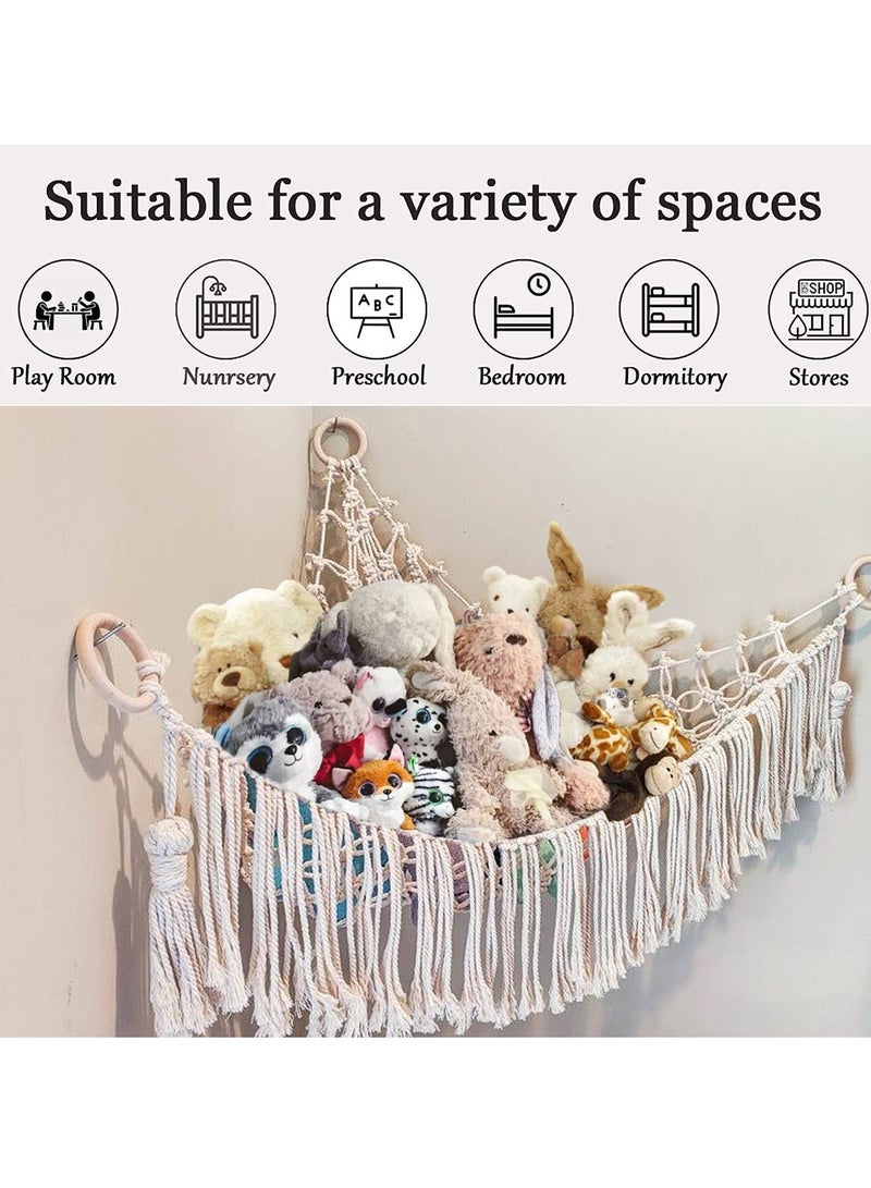 Stuffed Animal Toy Hammock Macrame with Light, Corner Toy Corner Hammock Organizer Display Holder Net for Hanging Stuff Animals