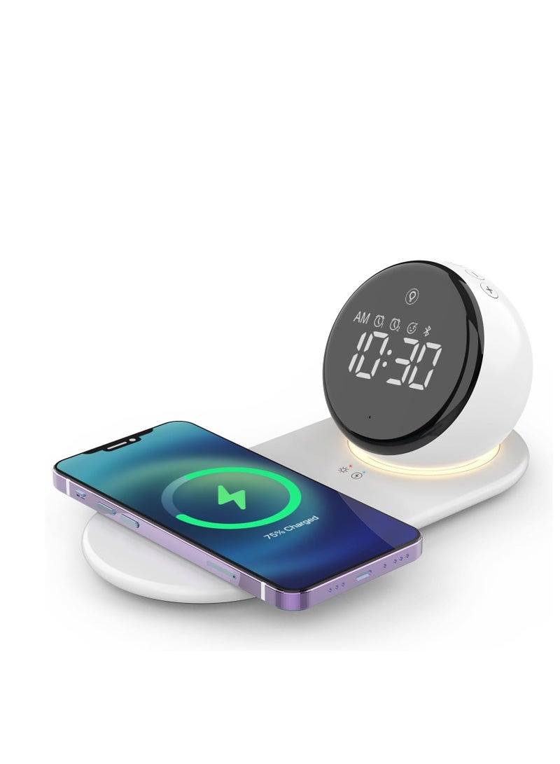 Digital Clock, Alarm Clock with Fast 15W Wireless Charger for Bedroom, for Heavy Sleepers Adults, Bluetooth Speaker, 20 Natural Sleep Sounds, Warm Night Lights, Dual Alarm, for Teens Girls Gifts