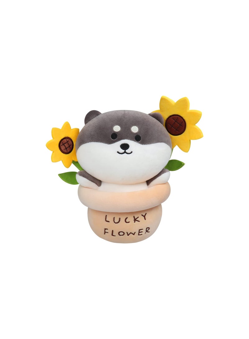 SYOSI Shiba Inu Plush Toy, 9.8 inch  Sun Flower Pot Husky Stuffed Throw Plushie Pillow Doll with Adorable Soft Plant Plush for Office Kids Toy