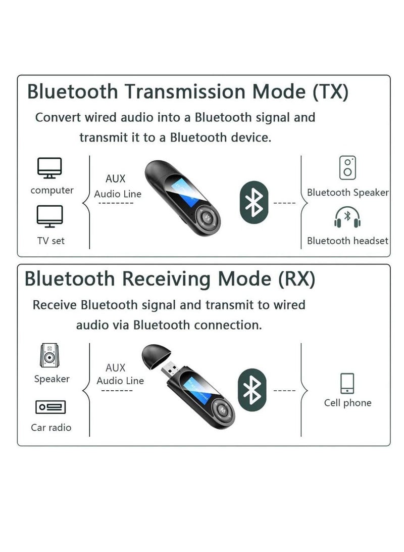 Visible Bluetooth Receiver Transmitter, USB 5.0 Bluetooth Adapter, Wireless Bluetooth Adapter with Display Screen Audio Adapter for PC, TV, Headphones, Speaker, Car, Home Stereo System