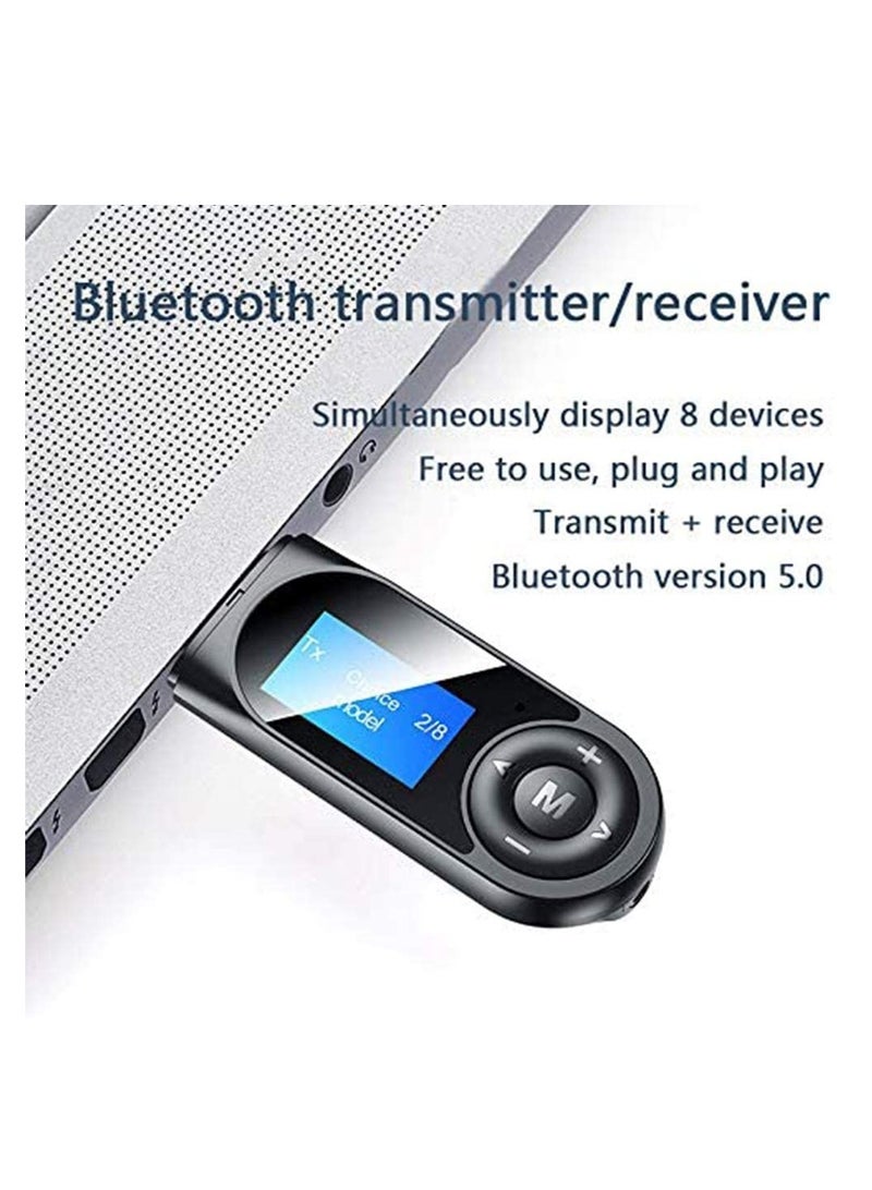 Visible Bluetooth Receiver Transmitter, USB 5.0 Bluetooth Adapter, Wireless Bluetooth Adapter with Display Screen Audio Adapter for PC, TV, Headphones, Speaker, Car, Home Stereo System