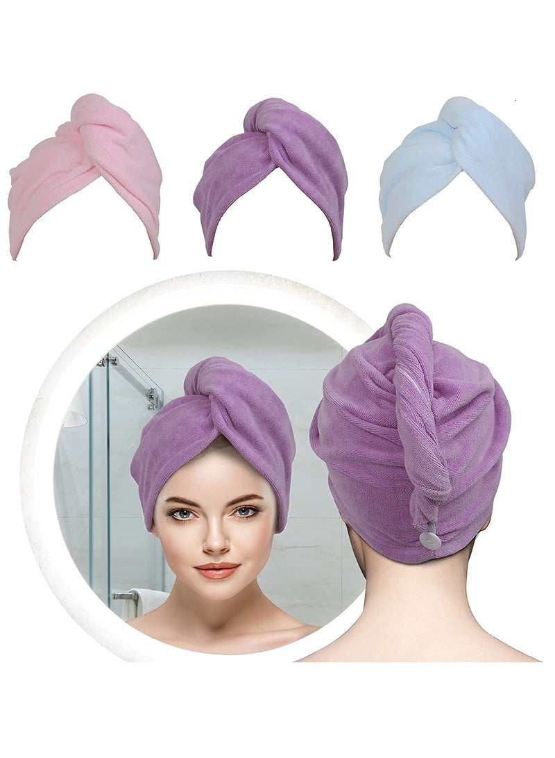 Microfiber Hair Towel for Women,Hair Towel Wrap Fast Drying Hair Turban Towel, Ideal for Anti Frizz and Curly Hair, Absorbent Micro Fiber Bathing Hair Cap for Wet Hair（3-Color Pack）