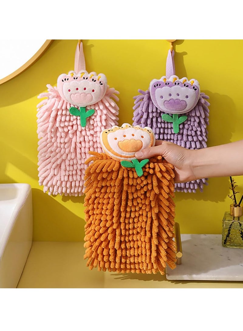 SYOSI Plush Chenille Hanging Hand Towels, Soft Absorbent Microfiber Hand Towels Quick-Drying Cute Cartoon Flowers Hand Towel with Hanging Loops for Bathroom Kitchen, Purple+Orange+Pink