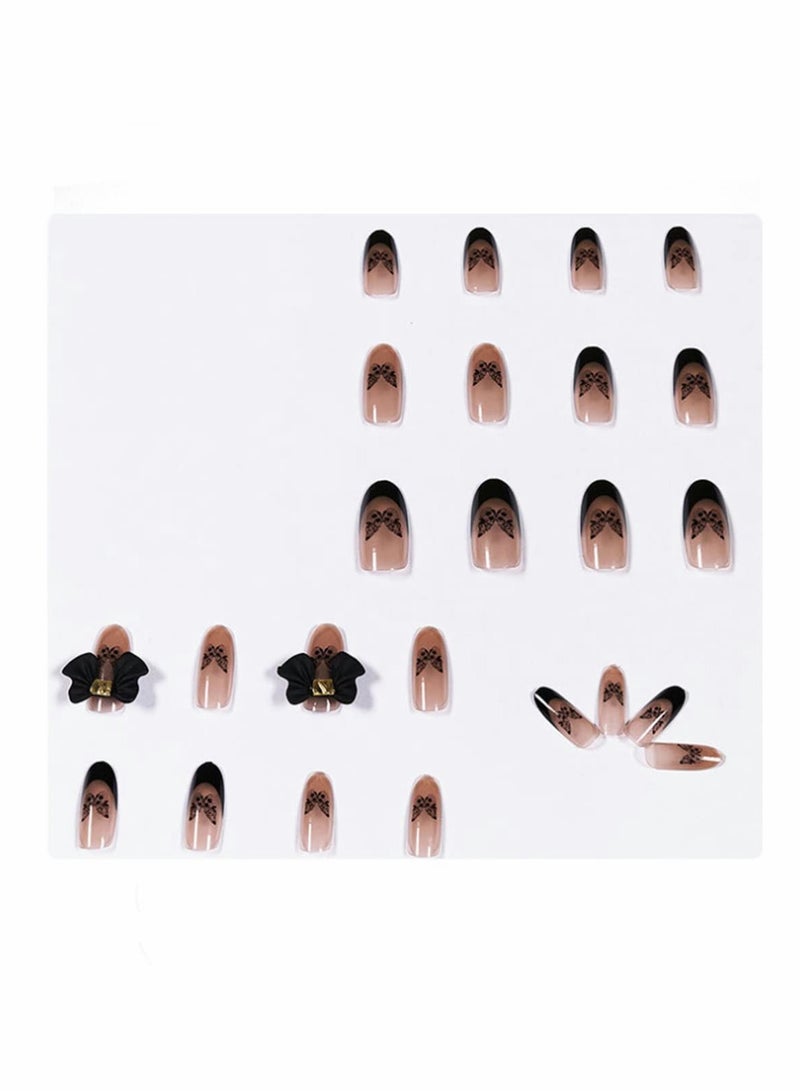 24pcs Black Butterfly Pattern Press on Nails Glossy Almond Fake Nails False Nails Stickers for Women and Girls