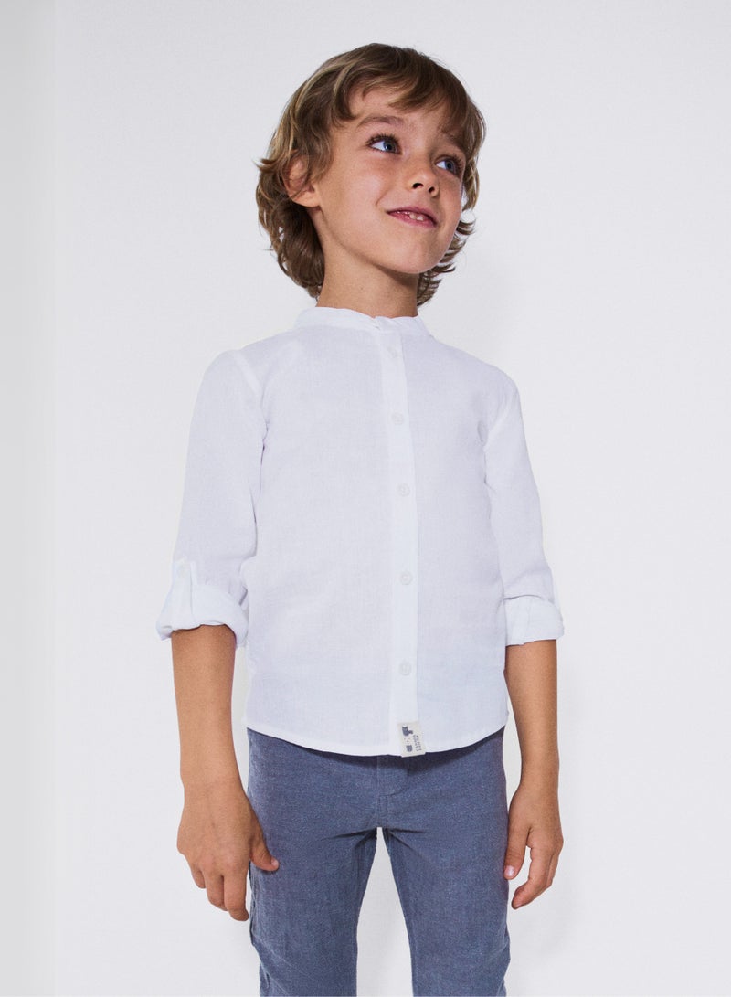French Toast Expandable Collar White Cotton Button Down Dress Shirt with Long Sleeves and Round Neckline for Boys