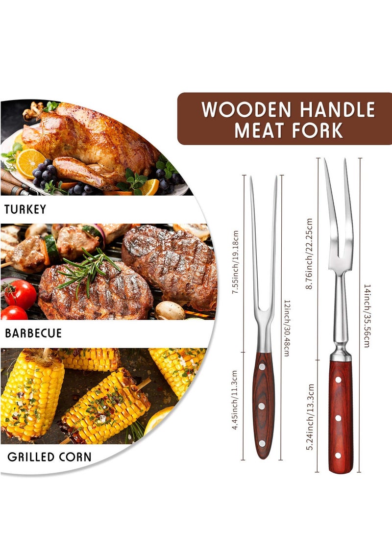 Forged Carving Forks with Wooden Handle, 2 Pieces Stainless Steel Meat Fork Barbecue Fork, BBQ Fork Carving Set for Kitchen Roast Grilling Dinner Parties (12 Inch, 14 Inch)