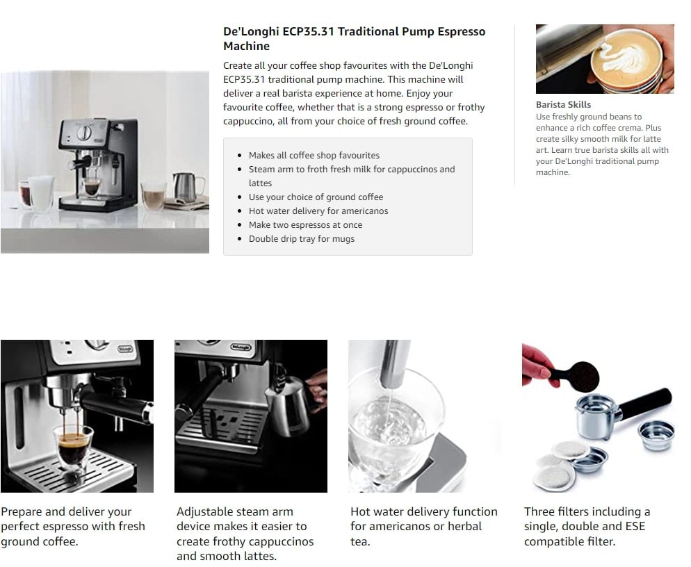 Traditional Barista Pump Espresso Machine, Coffee And Cappuccino Maker 2 L 1100 W ECP35.31 Black