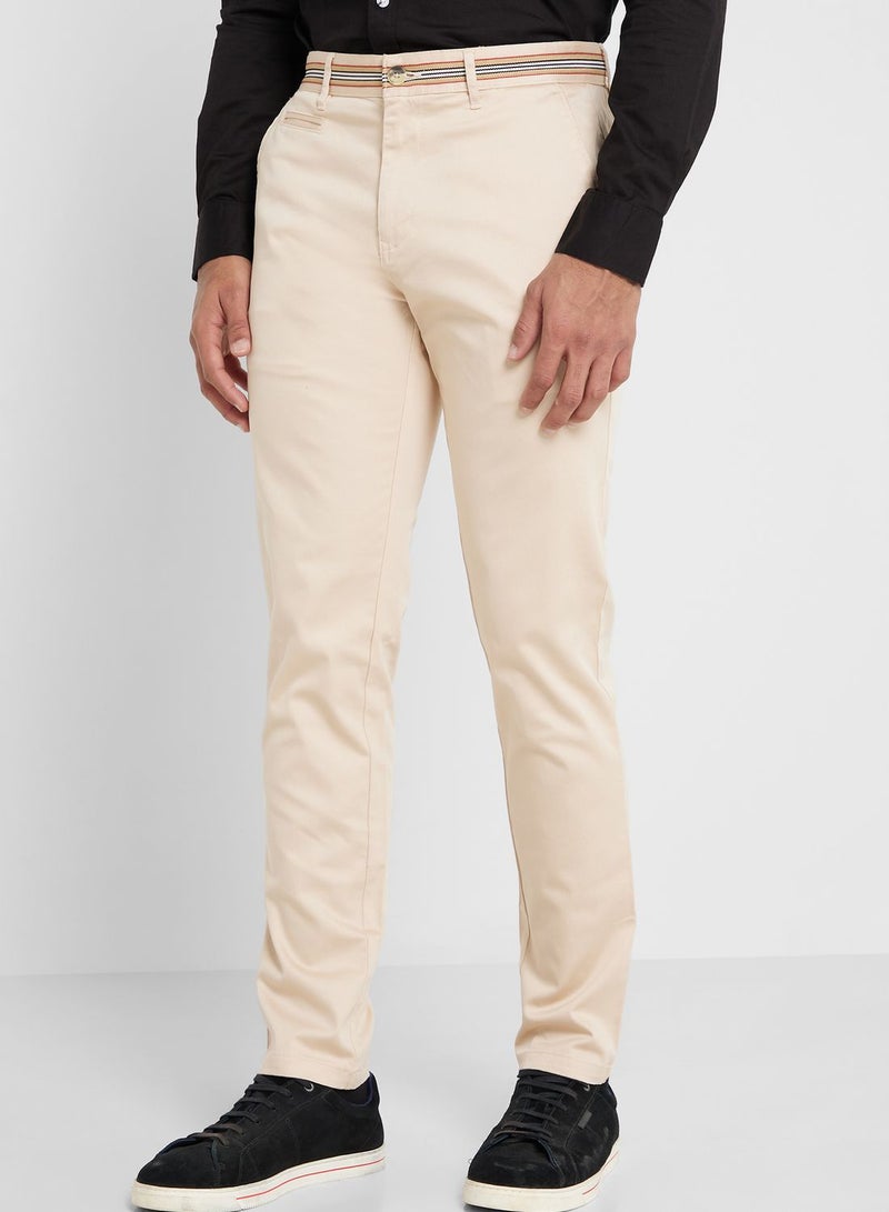 Thomas Scott Men Cream-Coloured Slim Fit Chinos Trousers