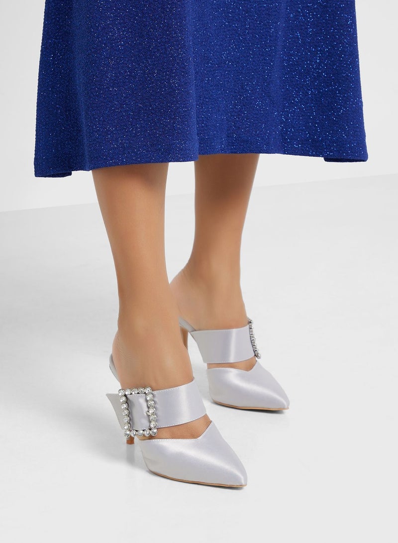 Jewelled Buckle Satin Slip On Pump