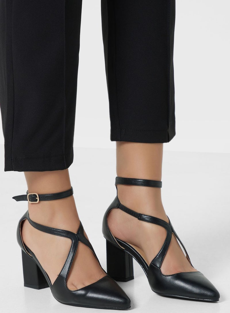 Criss Cross Block Heel Pointed Pump