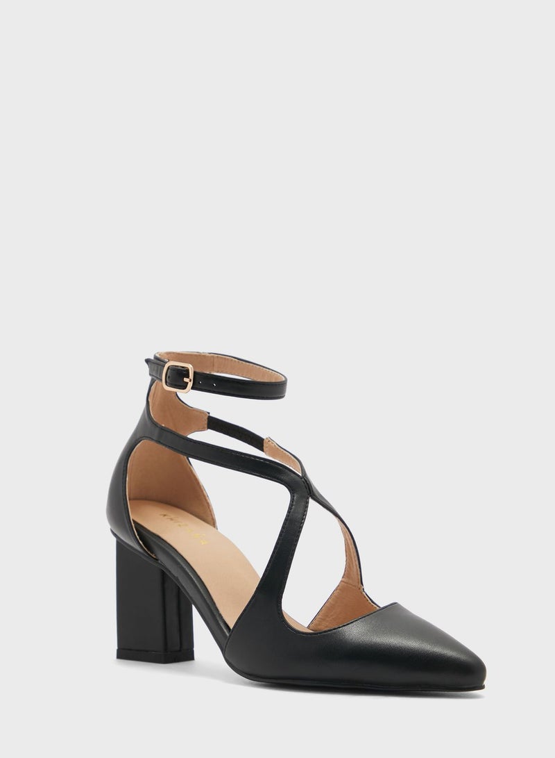 Criss Cross Block Heel Pointed Pump