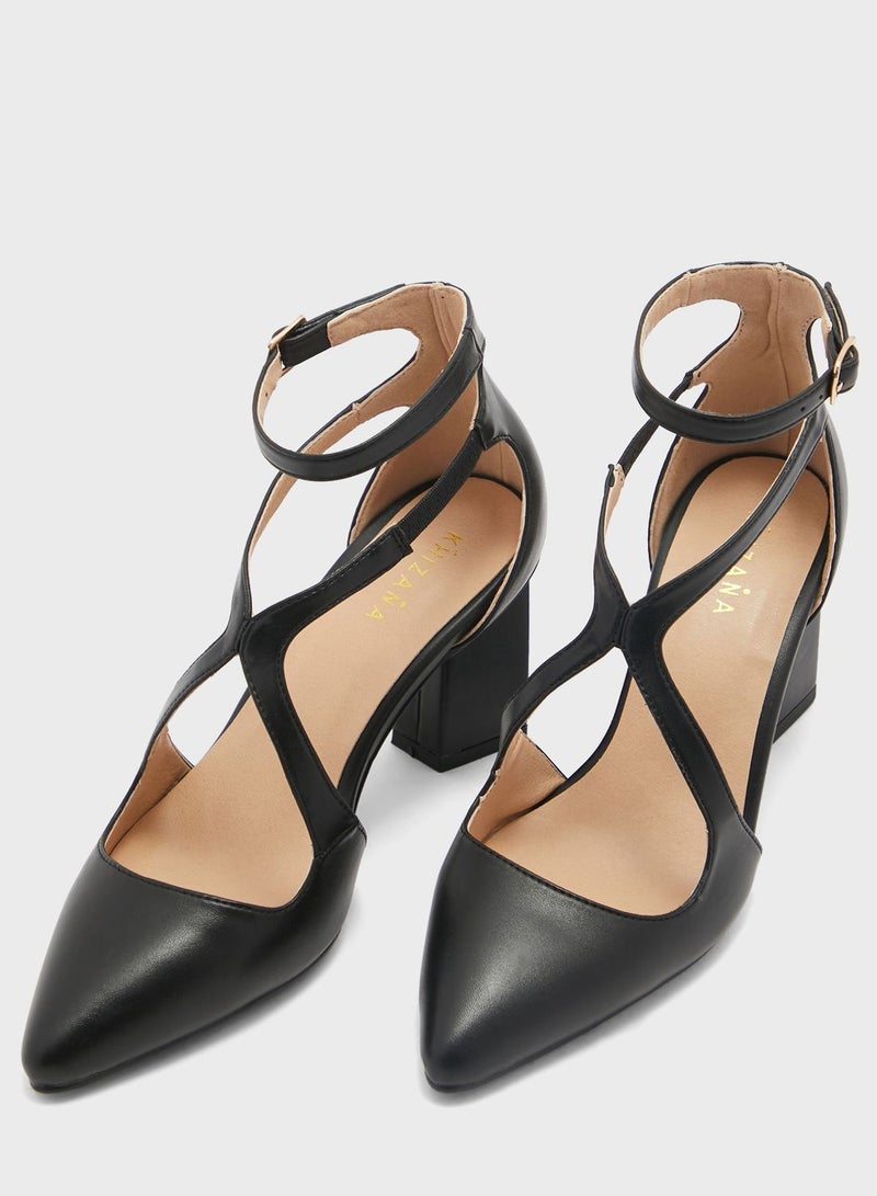 Criss Cross Block Heel Pointed Pump