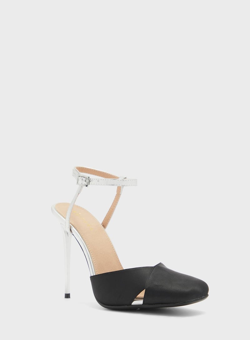 Satin Woven Ankle Strap Pump