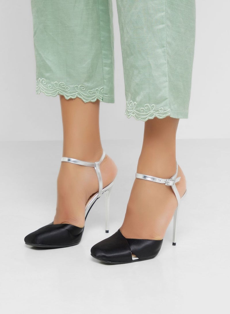 Satin Woven Ankle Strap Pump