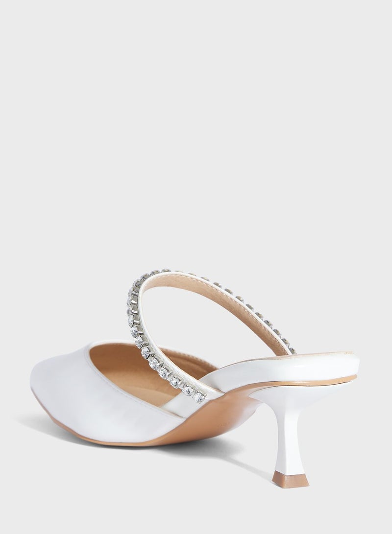 Low Heel Diamante Strap Mule