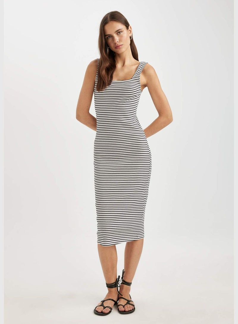 Bodycon Square Collar Striped Camisole Sleeveless Midi Short Sleeve Knitted Dress