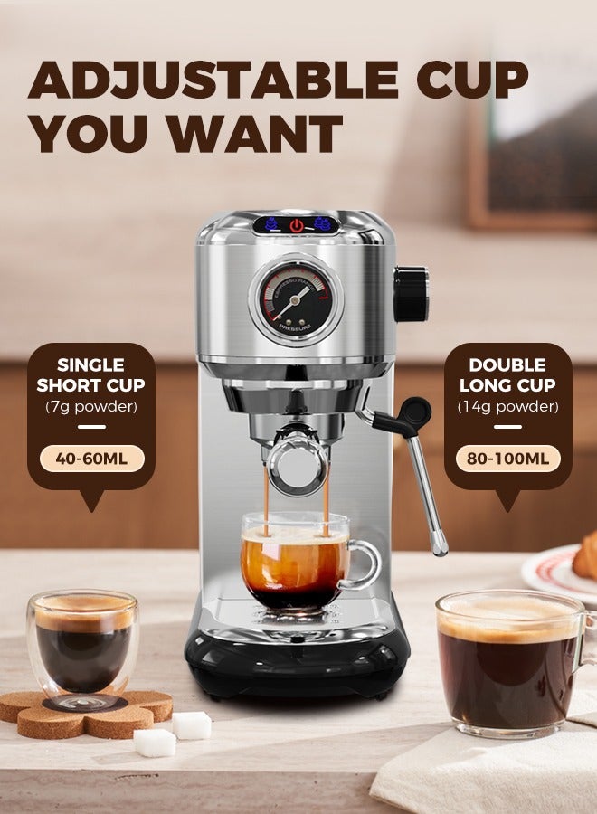 Espresso Coffee Machine with Professional Pressure Gauge and Milk Frother 1450W 1.1L Silver