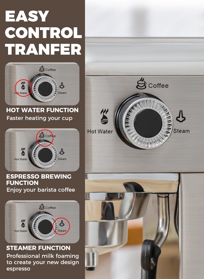 Espresso Coffee Machine with Professional Pressure Gauge and Milk Frother 1450W 1.1L Silver
