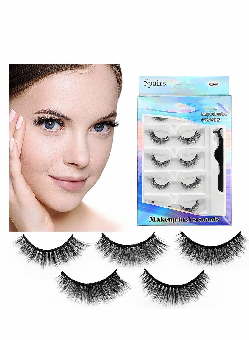 Reusable Self Adhesive Eyelashes Natural Look, No Eyeliner or Glue Needed and Easy to Put On, 5 Pairs Sticking False for Man Woman