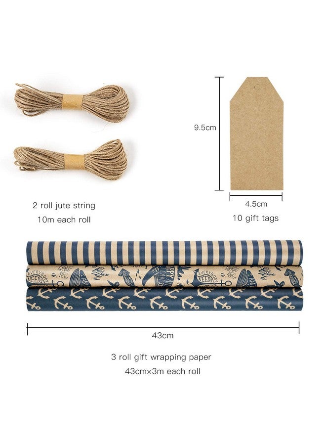 Wrapping Paper Rolls With Tags Jute String Mini Roll 17 Inches X 10 Feet Per Roll Total Of 3 Rolls Navy Blue