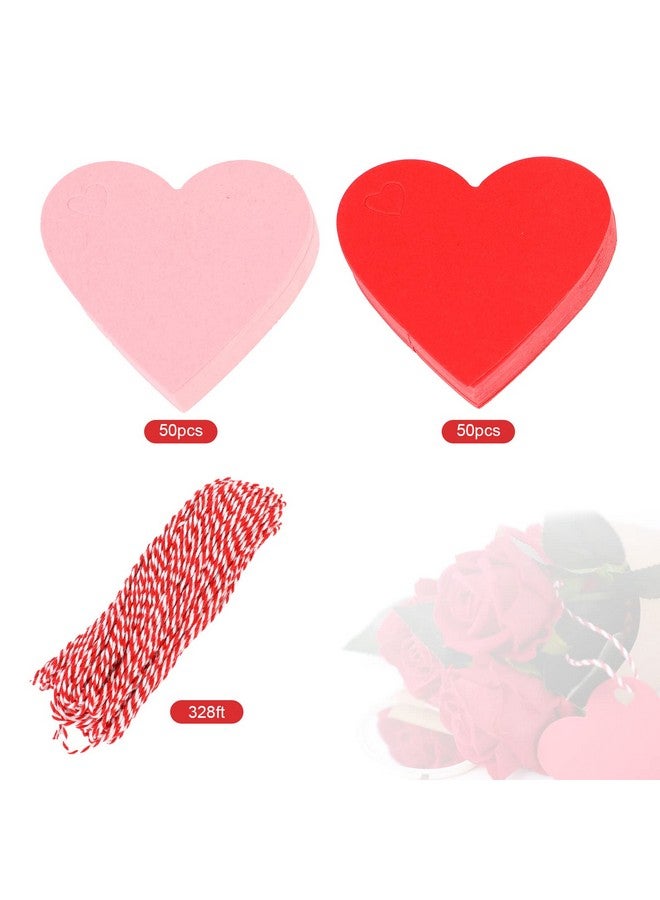 100 Pcs Valentine Gift Tags With String Heart Shaped Kraft Paper Tags For Wedding Valentine'S Party Diy Wrapping (Red Pink)
