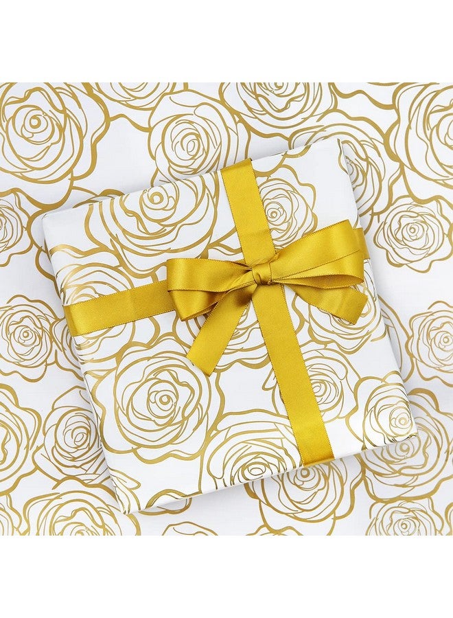 Gift Wrapping Paper Golden Rose Pattern In White Art Paper With 1 Roll Gold Ribbon For Weddings Mother'S Day Birthdays Baby Showers Bridal Showers Valentine'S Day Or Any Occasion(6 Sheets)