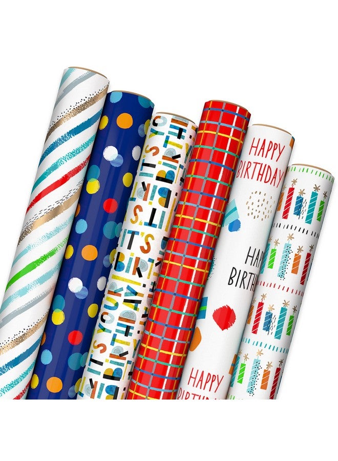 Colorful Wrapping Paper Bundle With Cutlines On Reverse (6 Rolls 115 Square Feet Total) Red Blue Yellow Green Rainbow Stripes Polka Dots For Birthdays Graduations Father'S Day