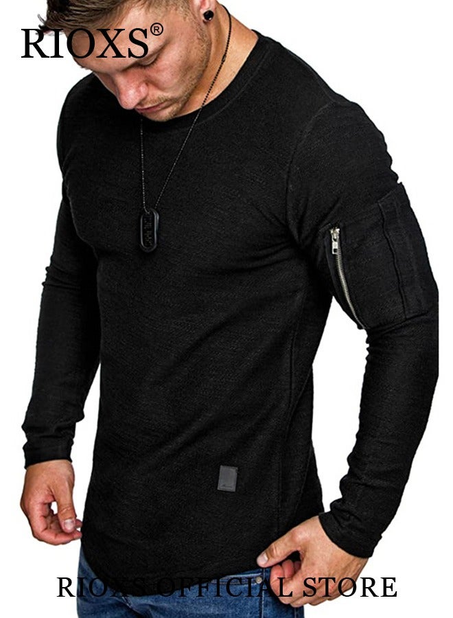 Mens Basic Shirts Cotton Crewneck Tops Casual T-Shirt Arm Zipper Tees Long Sleeve Slim Fit Undershirts HipsterTops For Workout Daily Wear