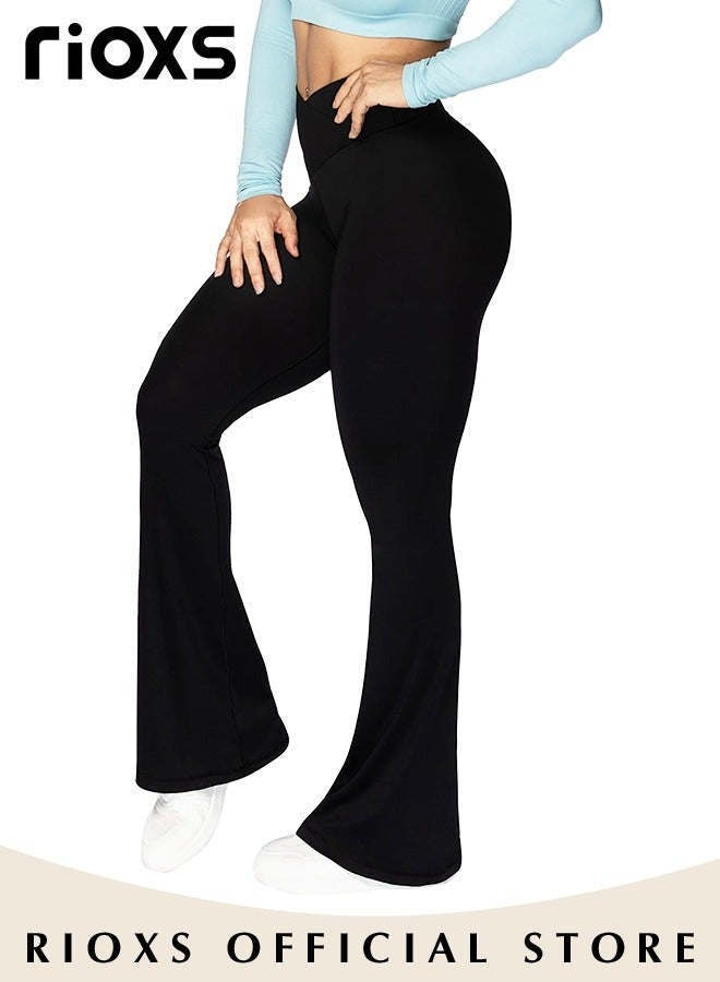 Women's Flare Leggings, Ladies V Crossover Yoga Pants, Tummy Control High-Waisted Wide Leg Trousers, Gym Bootcut Yoga Pants, Bell Bottoms For Women