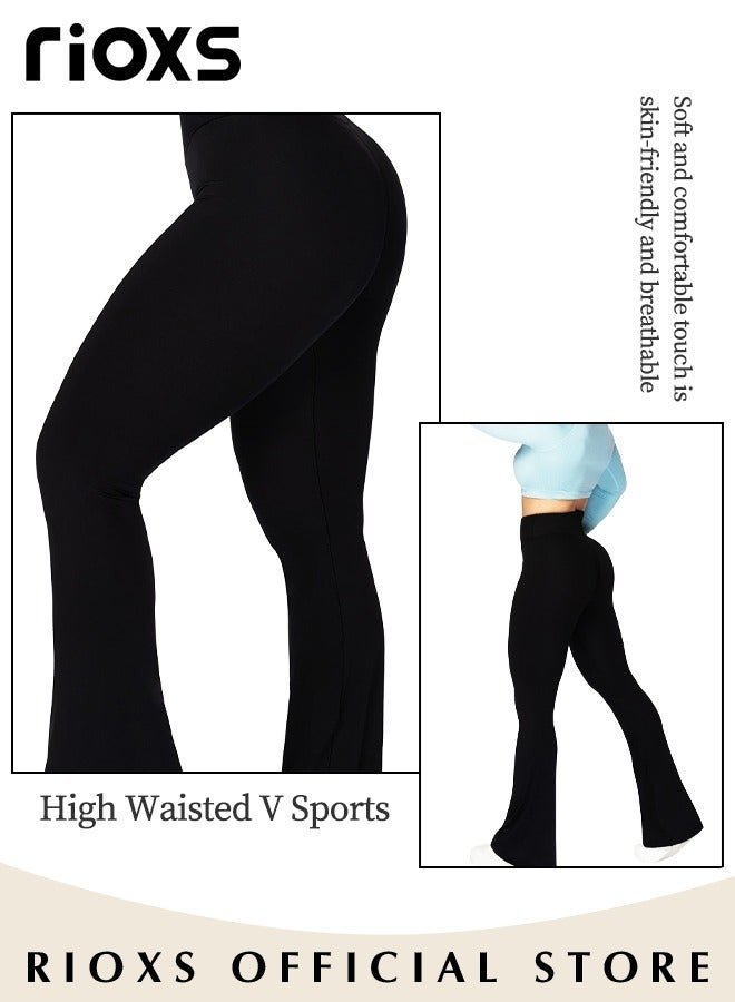 Women's Flare Leggings, Ladies V Crossover Yoga Pants, Tummy Control High-Waisted Wide Leg Trousers, Gym Bootcut Yoga Pants, Bell Bottoms For Women