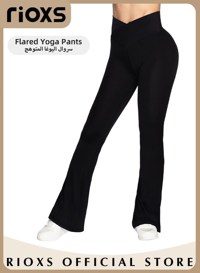 Womens Flare Leggings Crossover Yoga Pants with Tummy Control High-Waisted and Wide Leg Trousers