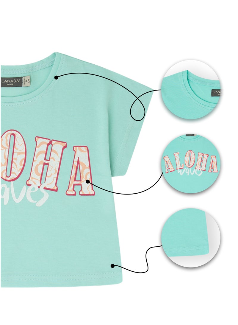 Soft and Comfortable Aloha Printed Mint Green Cotton T-shirt for Girls