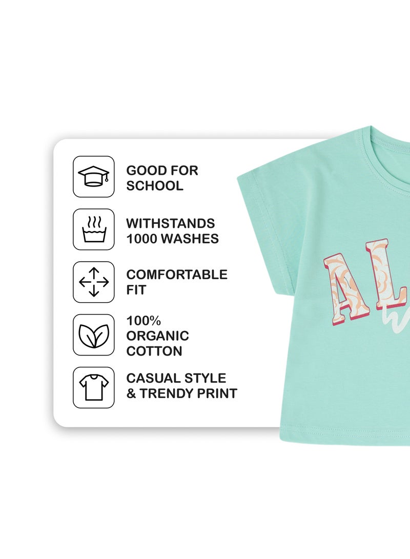 Soft and Comfortable Aloha Printed Mint Green Cotton T-shirt for Girls