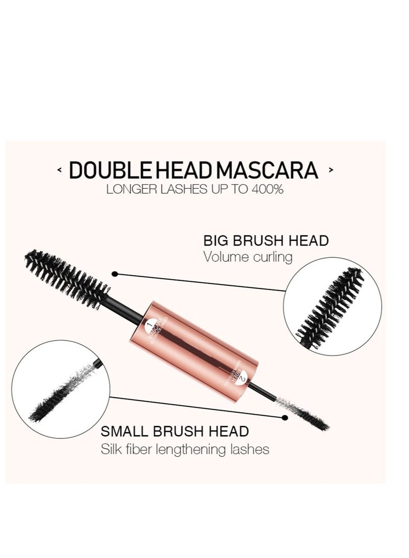 Double Head Mascara, 2 in 1 Mascara, with Big and Small Brush, for Fine Short Eyelash, Smudge-proof, No Clumping, No Flaking, Waterproof Extra Long Lash Eyelashes, Voluminous Eyelashes