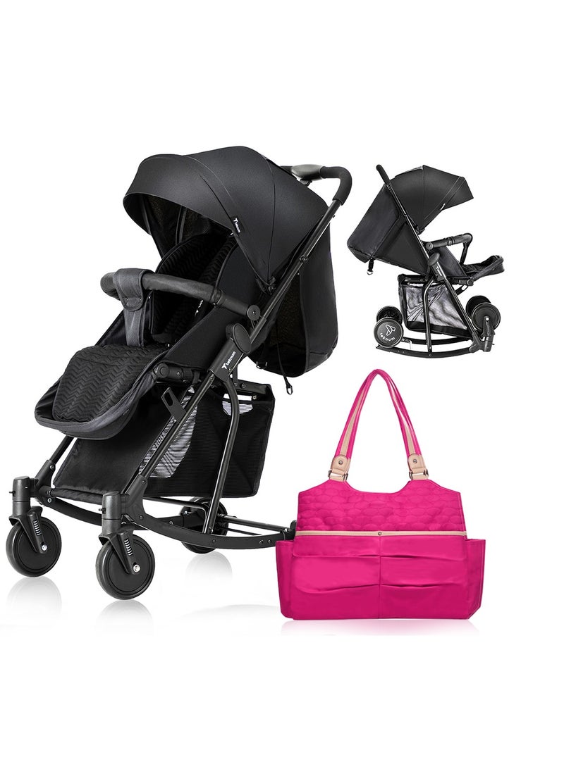 Teknum Stroller With Rocker with Pink Fashion Diaper tote Bag- Black