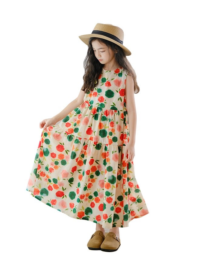 2024 New Girls Summer Sleeveless Suspender Dress Summer Party Kids Beach Long Chiffon Dresses Chinese Floral Print Skirt 3-15Y