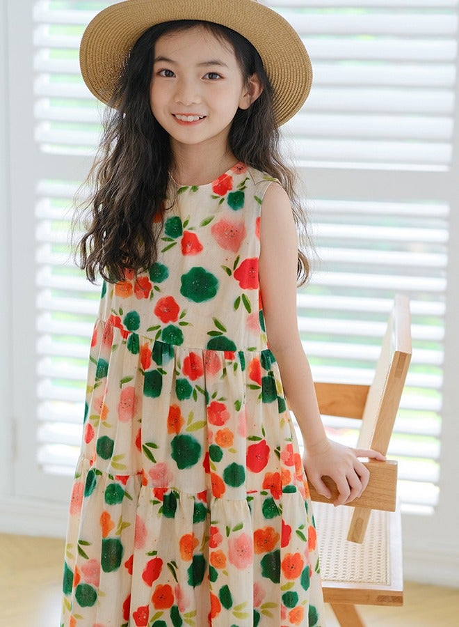 2024 New Girls Summer Sleeveless Suspender Dress Summer Party Kids Beach Long Chiffon Dresses Chinese Floral Print Skirt 3-15Y