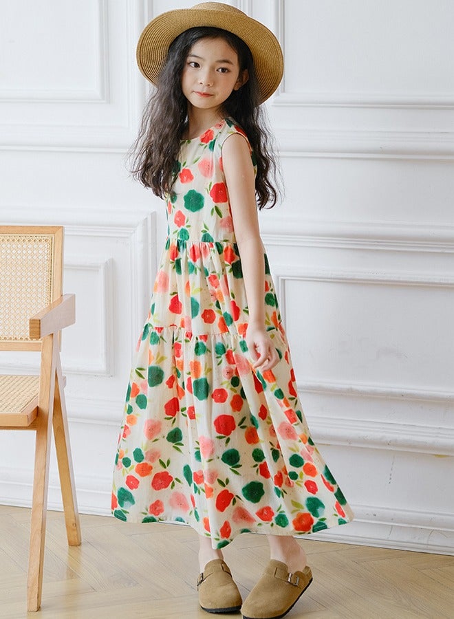 2024 New Girls Summer Sleeveless Suspender Dress Summer Party Kids Beach Long Chiffon Dresses Chinese Floral Print Skirt 3-15Y