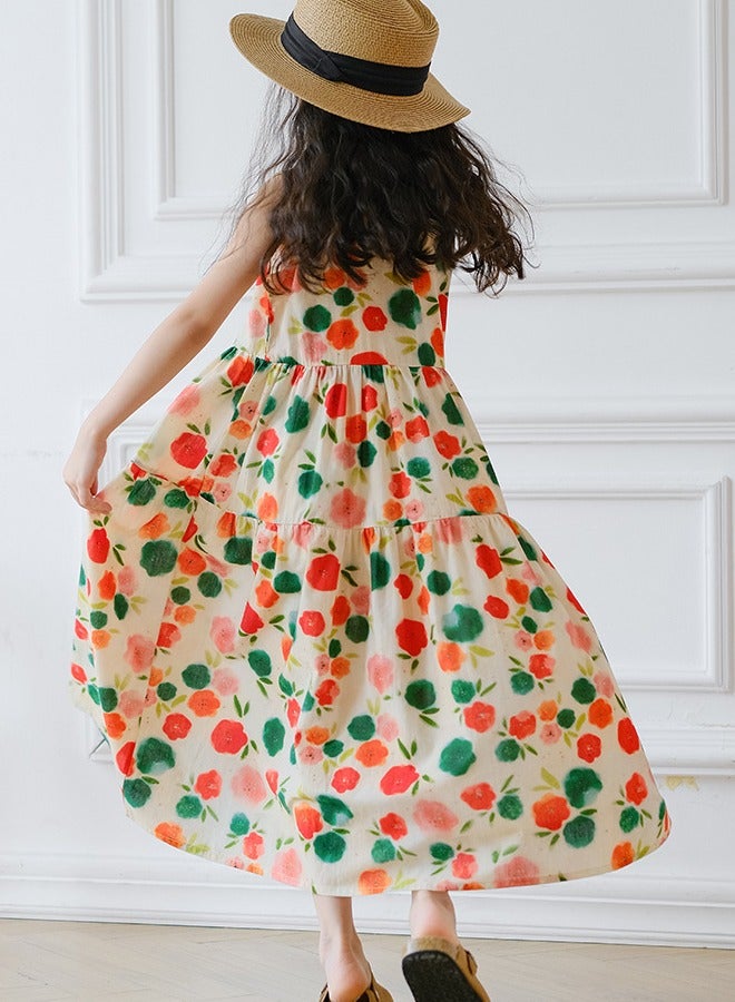 2024 New Girls Summer Sleeveless Suspender Dress Summer Party Kids Beach Long Chiffon Dresses Chinese Floral Print Skirt 3-15Y