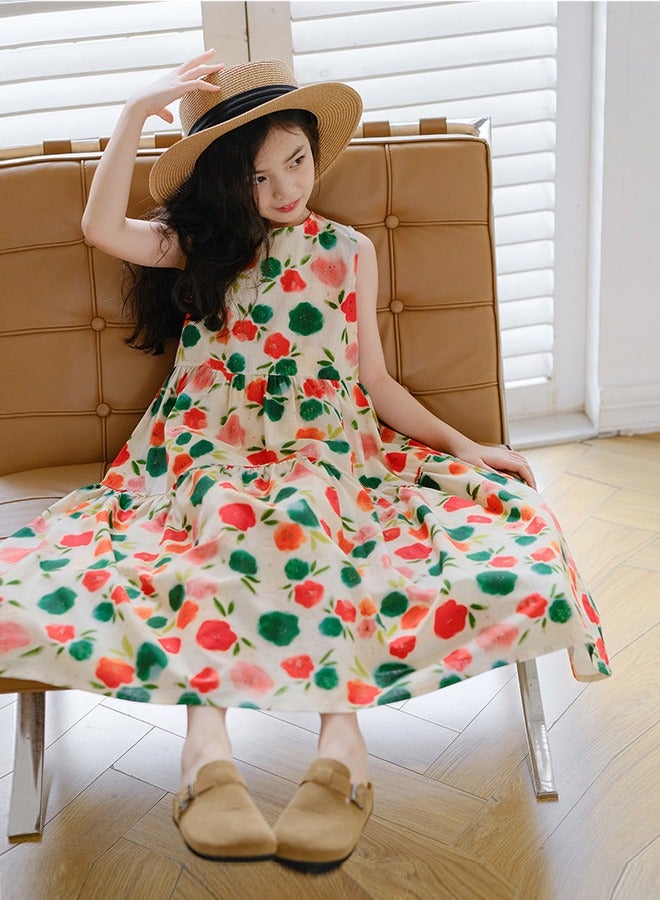 2024 New Girls Summer Sleeveless Suspender Dress Summer Party Kids Beach Long Chiffon Dresses Chinese Floral Print Skirt 3-15Y