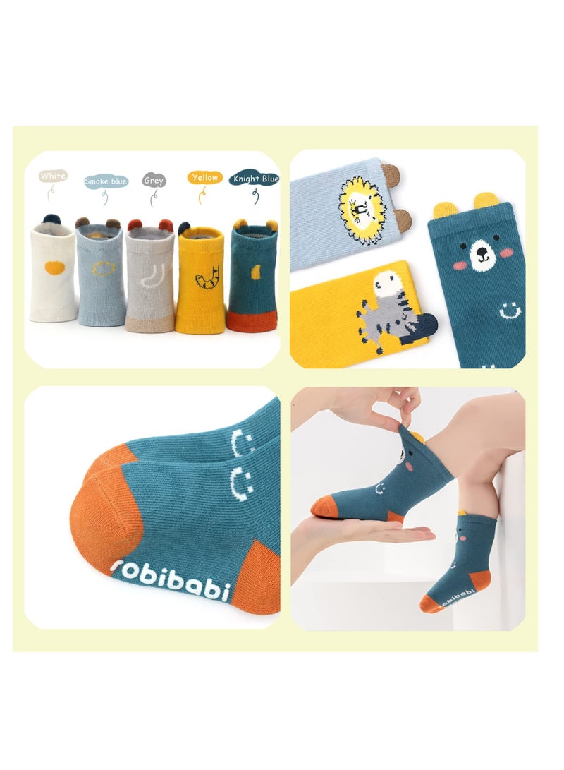 Toddler Non Slip Socks, Animal Grip Tube Baby Socks Anti-Skid Cartoon Crew Socks 5 Pairs  M Size
