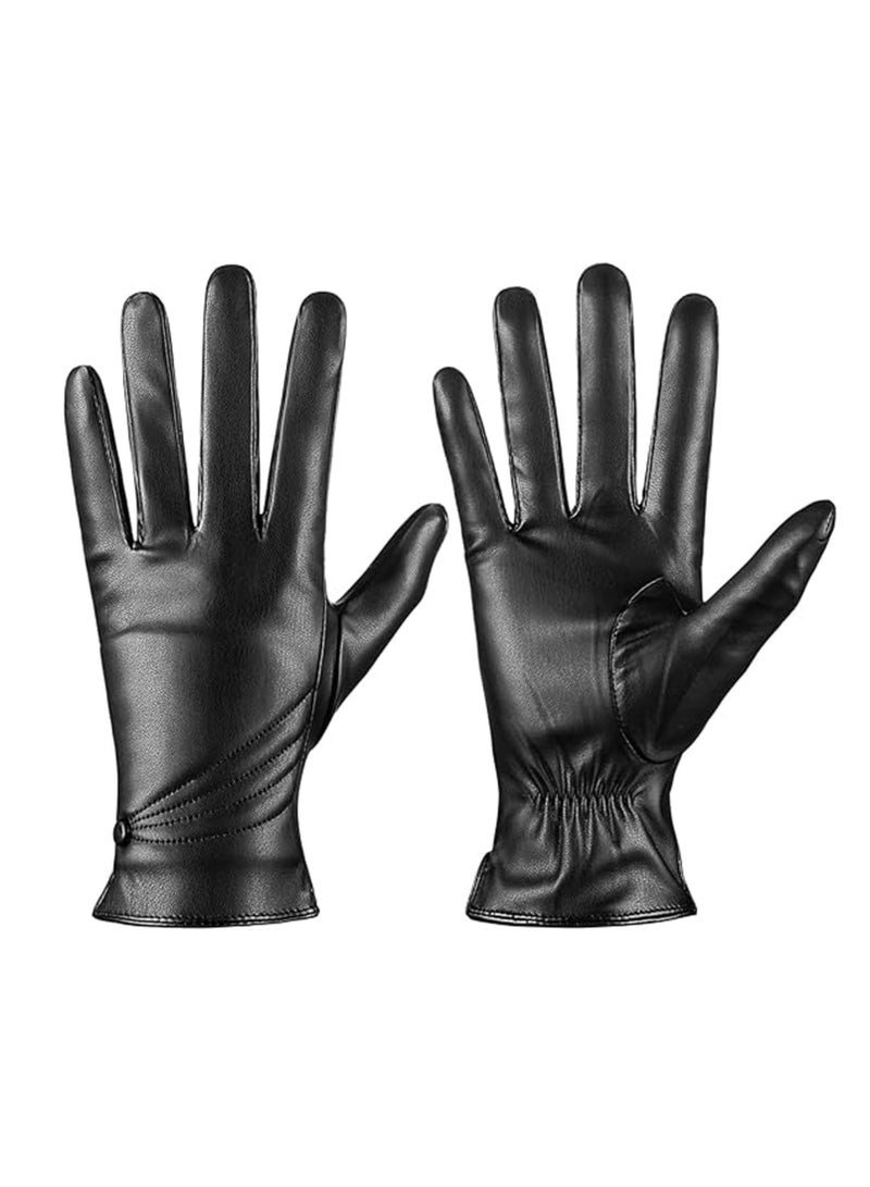Winter Leather Gloves for Women, Warm Touchscreen Driving Coral velvet lining Gloves