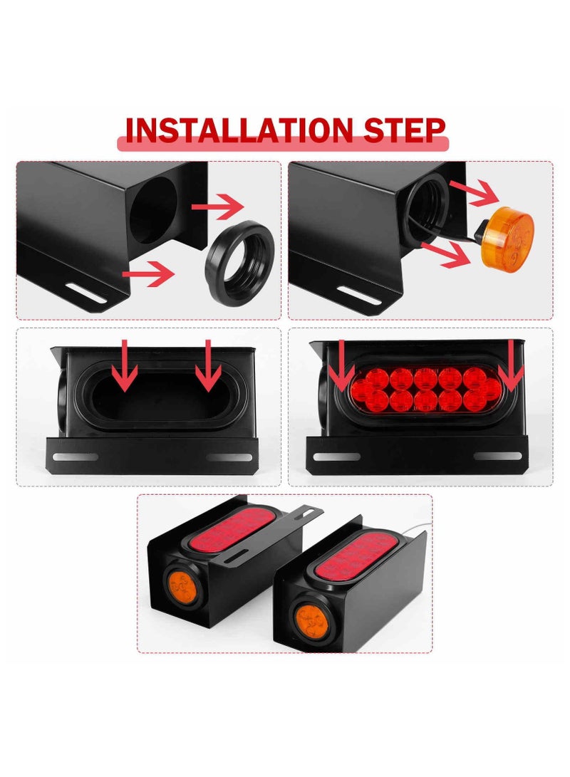 Trailer Light Boxes, 2PCS Steel Waterproof Trailer Tail Lights with 2 Inch Round Yellow Side Marker Lights and 6 Inch Oval Red LED Trailer Light (Red Yellow)