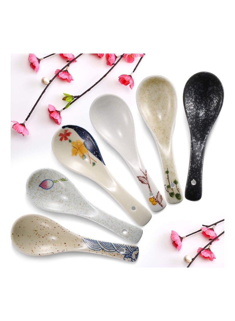 6 Pcs Japanese Retro Soup Spoons Ceramics Soup Spoons Japanese Style Rice Spoon Flatware Asian Chinese Serving Spoons Appetizers Tableware Meal