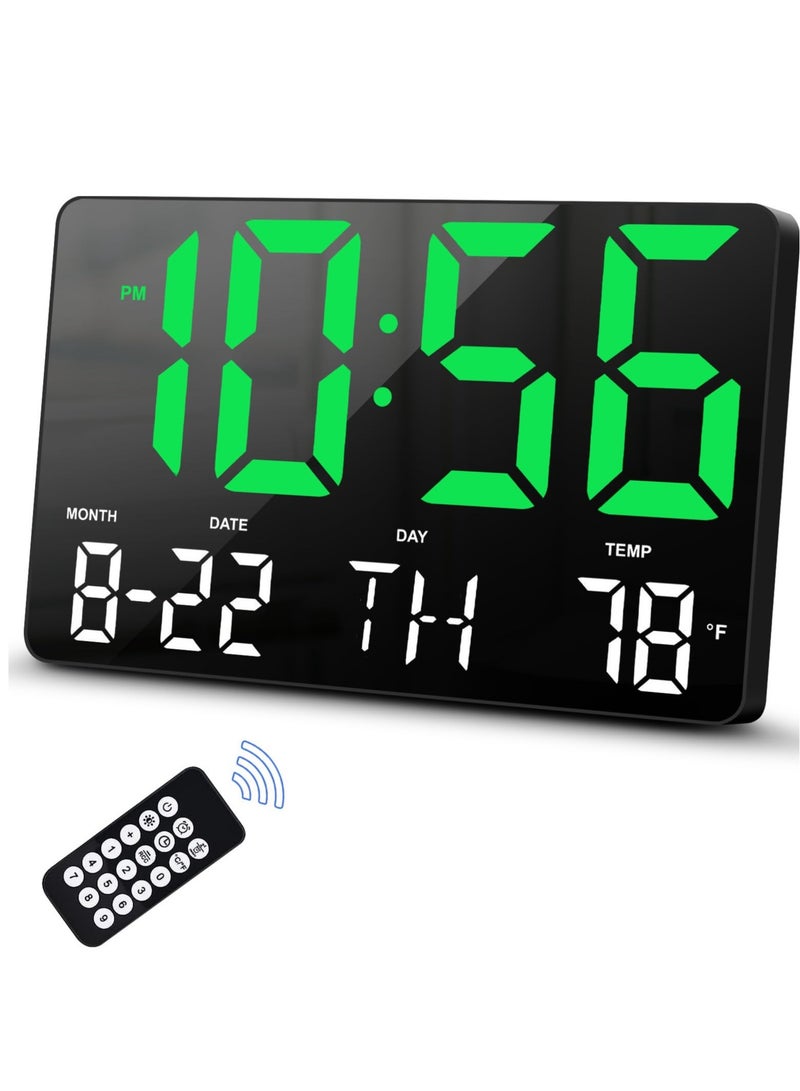 Digital Clock, Digital Wall Clock with Remote Control, LED Clock Large Display with Temperature/Date/Week, for Living Room Decor, Large Wall Clocks for Bedroom Office Gym Shop Garage (Green)