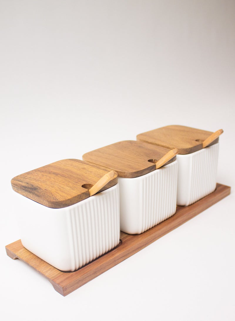 3-Piece Ceramic Jar Set With Wooden Lid And Spoons