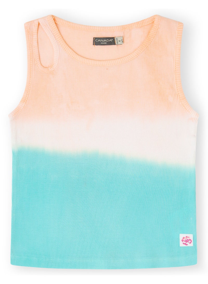 Soft and Comfortable Orange and Glacier Blue Ribbed Cotton T-shirt for Girls